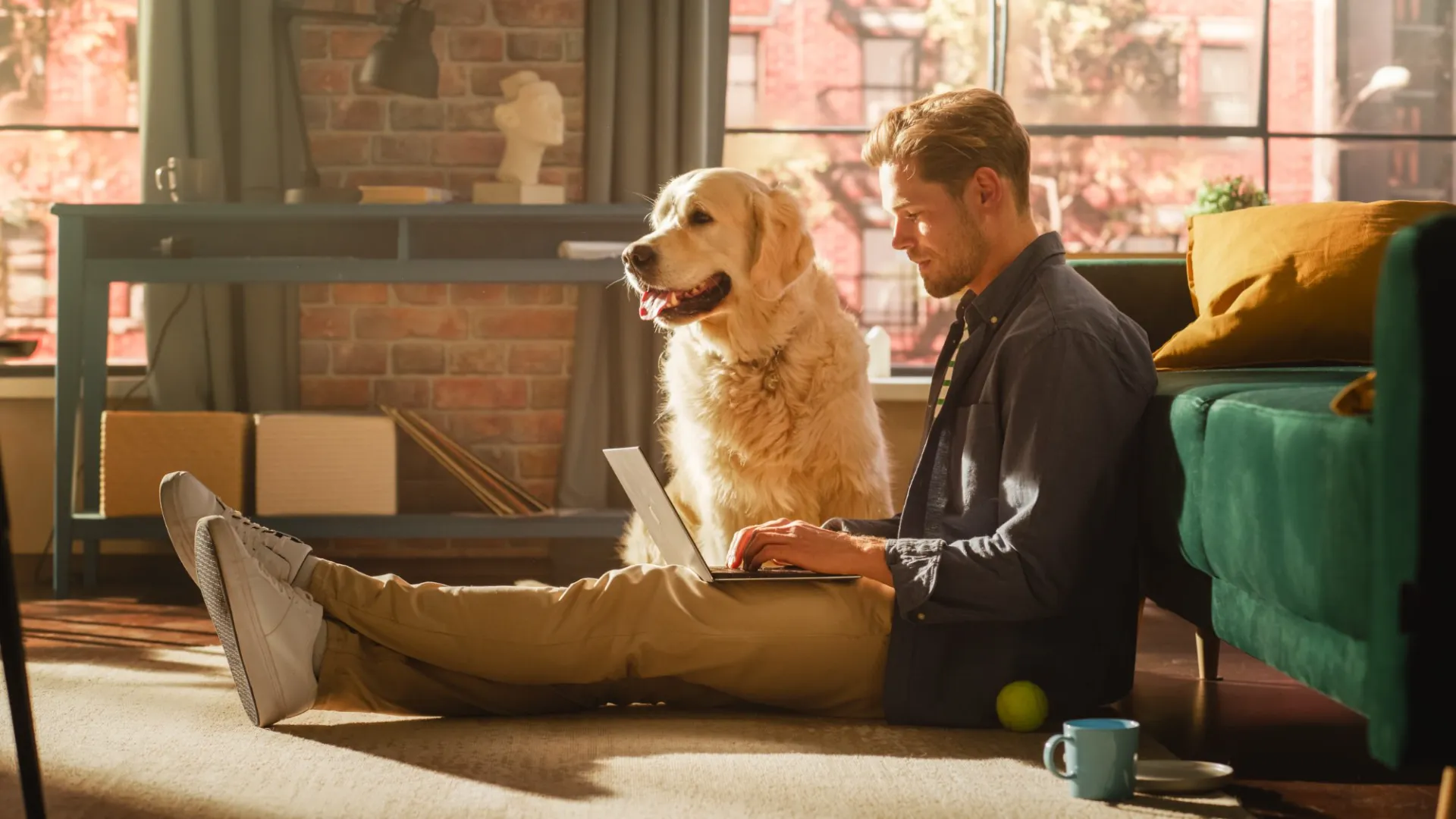 A man working on a laptop with his golden retriever sitting beside him